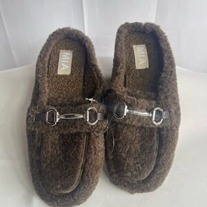 MIA Brown Faux-Shearling Slip-On Loafers with Silver Bit